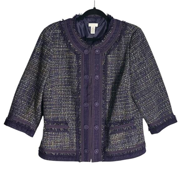 Chicos Sz 2 Large Purple Metallic Tweed Jacket Wool Blend Raw Hem‎ Fringe Blazer - Picture 1 of 11